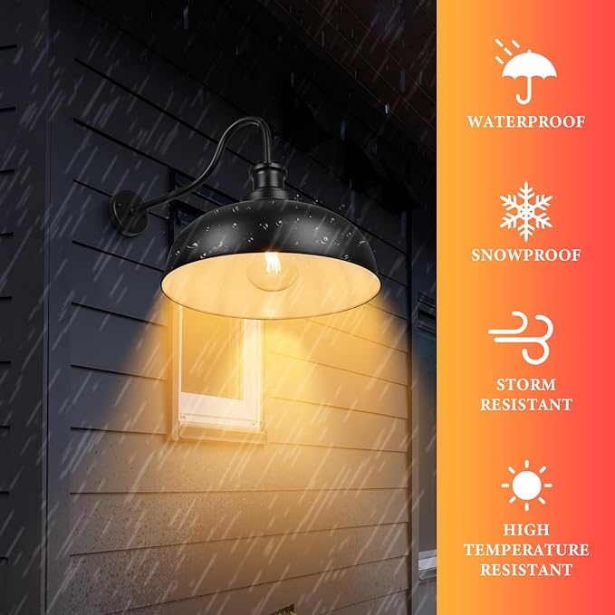 Outdoor Barn Lights16 Inch Dome Outdoor Wall Sconces Farmhouse Exterior Wall Mount Light Vintage Wall Lighting Fixture Industrial Black Lantern Lamps for Porch Entryway Garage 2 Pack