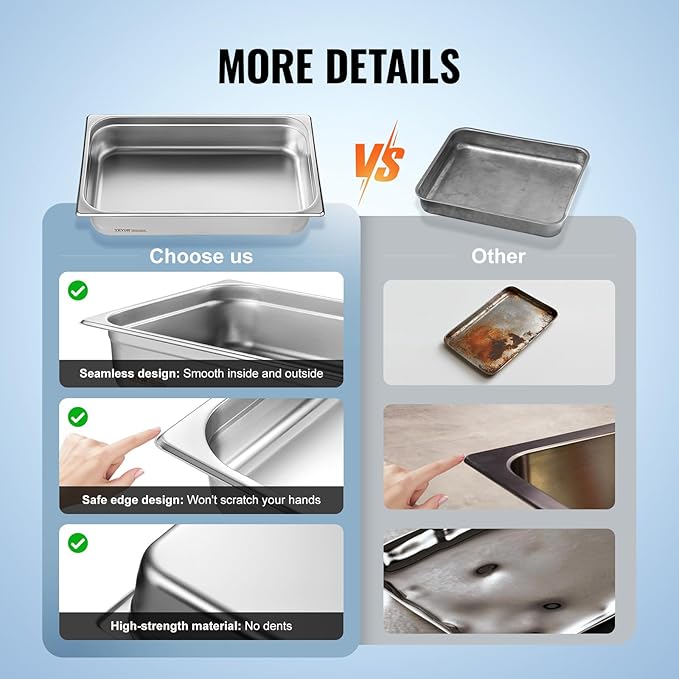 VEVOR 6 Pack Stainless Steel Hotel PansFull Size 4 Inch Deep 0.8mm Thick Anti-Jam Commercial Food Pans for Steam Tables Restaurants Catering &amp Industrial Use
