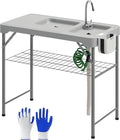 Outsunny Folding Fish Cleaning Table with Sinks Portable Camping Sink Table Gray