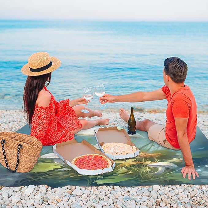 Waterproof Sandproof Beach Blanket 59''×68'' Mushrooms Polyester Outdoor Picnic Blanket with 4 Stakes &amp Storage Bag for BeachCampingVacation Sea Blue