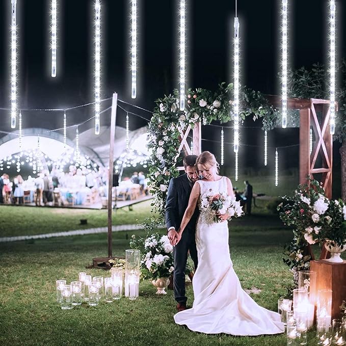 QITONG Meteor Shower Rain Lights Outdoor Falling Rain Snowfall Light 12 inch 8 Tubes 192 LED Cascading Lights for Tree Wedding Party (White)