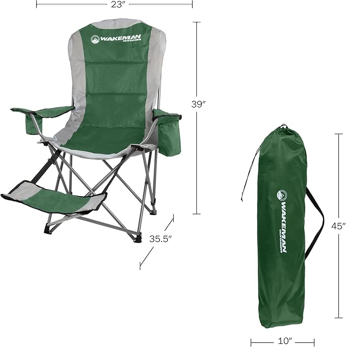Camping Chair with Foot Rest - 300lb Capacity Beach Chair with Footrest Cupholder and Cooler Pouch - Portable Chair by Wakeman Outdoors (Green)