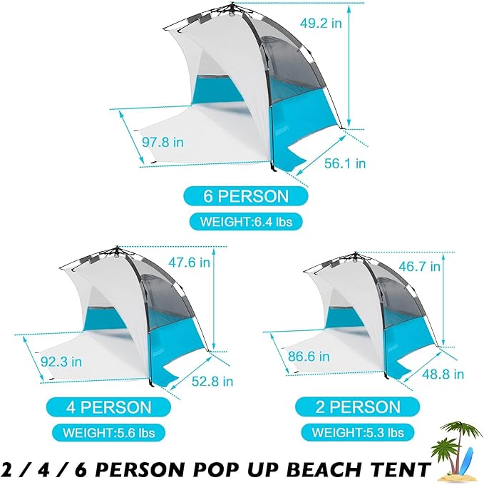 2-3 Person Large Instant Pop Up Beach Tent UV Protection Portable Easy Setup Sun Shade Shelter Extended Floor with 3 Ventilating Mesh Windows for Outdoor Camping Fishing (Light Blue)