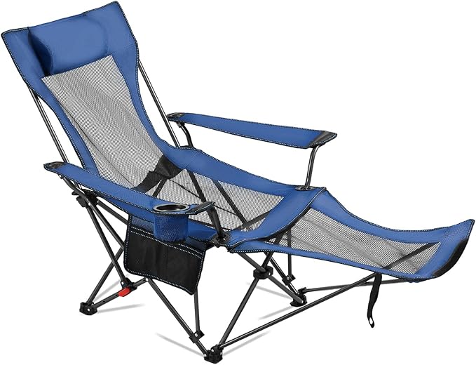 VEVOR Reclining Camping Chair 4 Adjustable Positions Portable Folding Lounger for Adults Mesh Beach Chair with Headrest &amp Foot Rest Supports 220 lbs Heavy Duty Camp Chairs for Patio Blue