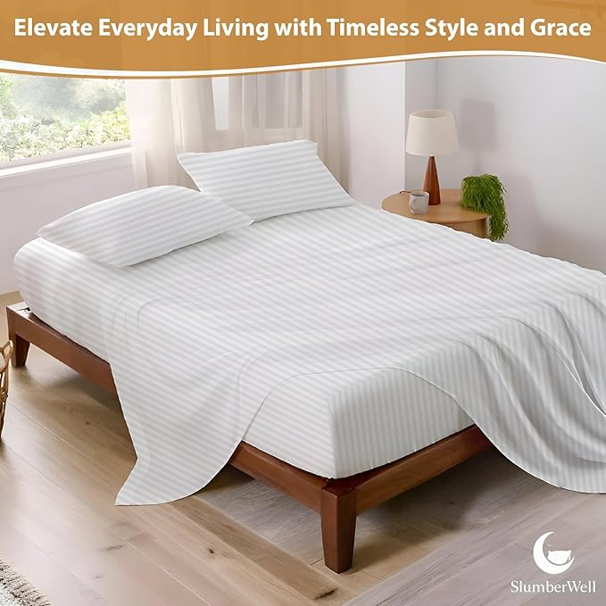 SlumberWell RV Short King Sheet Set 4 Piece Luxury Soft Microfiber Camper Bedding 8–12 Inch Deep Pocket Fits 72x75 Mattress White Stripe