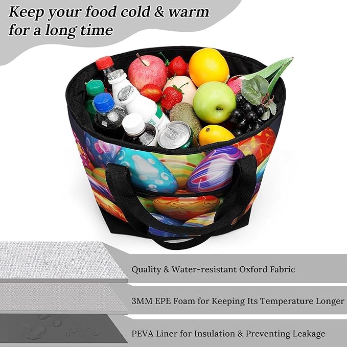 Insulated Shopping BagLarge Reusable Cooler Bags Easter Eggs Printed Foldable Shopping BagTravel Waterproof Shoulder Bag