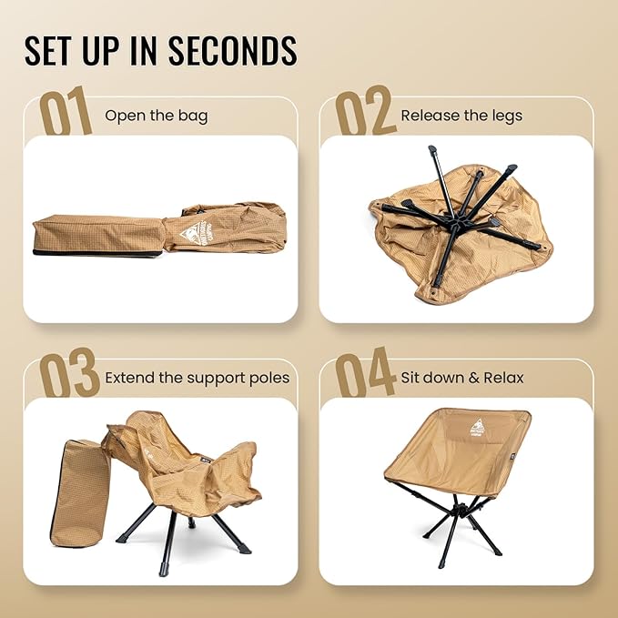 ONETIGRIS Forrest Camping Chair Set Up in Seconds Lightweight Folding Chair for Backpacking Hiking Beach Lawn Travel Support 330 lbs (Coyote Brown)