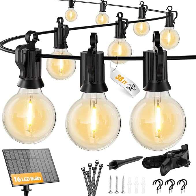 Brightown 38FT Solar String Lights Outdoor and 16 LED Shatterproof Bulbs Dimmable &amp Timable 3 Light Modes Solar Patio String Lights Outdoor for Cafe Garden Deck Outside Wedding No Remote Contr