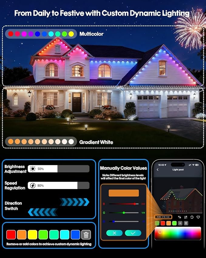Permanent Outdoor Lights150ft RGB+IC Smart Outside Lights with 90 LED APP Control Dimmable50 Scene Modes for Outdoor Decor IP68 Waterproof Eaves Lighting for Daily Holiday Christmas Decorations