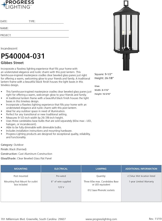 Progress Lighting Gibbes Street Collection 3-Light Clear Beveled Glass New Traditional Outdoor Post Lantern Light Textured Black26.88x9.50x9.50