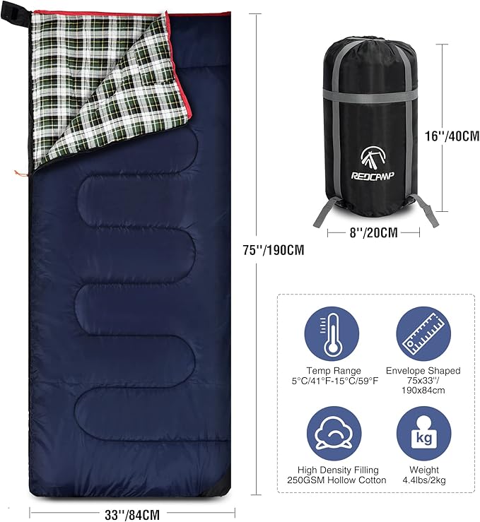 REDCAMP Cotton Flannel Sleeping Bag for Camping Backpacking Adults Cold Weather Envelope Sleeping Bags with 2/3/4/6lbs Filling