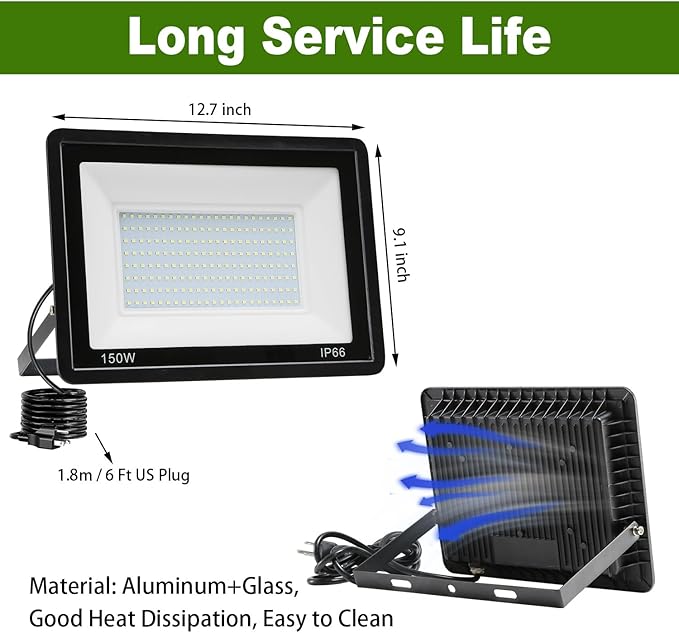 2 Pack 150W LED Flood Light Outdoor15000LM Work Spotlight with US Plug6500K Daylight WhiteIP66 Waterproof Exterior Security Floodlights for YardGardenBackyardPatioStadiumParking Lot