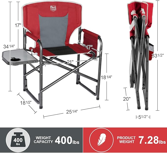Timber Ridge Aluminum Oversized Camping Chair Lightweight Portable Directors Chair with Side Table Detachable Side Pocket for Outdoor Camping Lawn Picnic Support 400lbs Red