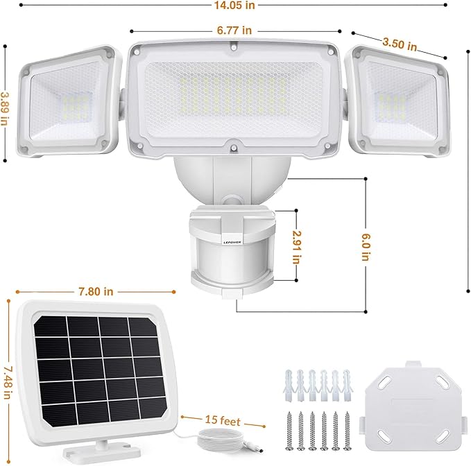 LEPOWER 1600LM LED Solar Security Lights Motion Outdoor Motion Sensor Light 5500K White Light IP65 Waterproof Outdoor Flood Solar Light with 3 Adjustable Head for Yard Garage（White）