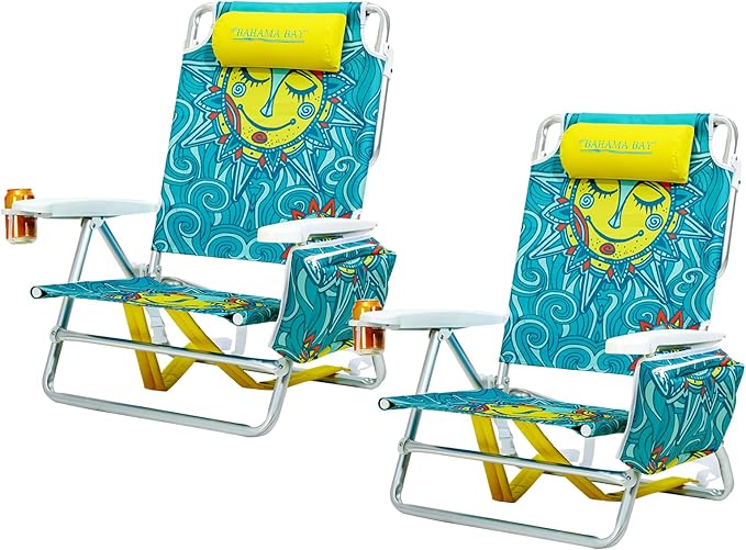 Old Bahama Bay Reclining Beach Chair Backpack 5-Position Lay Flat Lounge Chair for Adults Heavy Duty Portable Folding Lightweight with Cooler Bag Camping Chair for Sand Outdoor