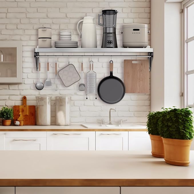 48 x 12 Stainless Steel Shelf Wall Mounted | Heavy-Duty Commercial Stainless Steel Shelf Storage with 8 Hooks for Kitchen Wall Restaurant Garage and Microwave Oven