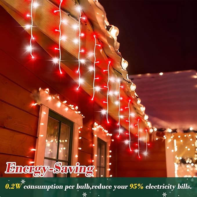 XURISEN 66ft Christmas Lights Decorations Outdoor 640 LED 8 Modes Curtain Fairy Lights with 120 DropsPlug in Waterproof Timer Memory Function for Christmas Holiday Wedding Party Decor(Red+White)