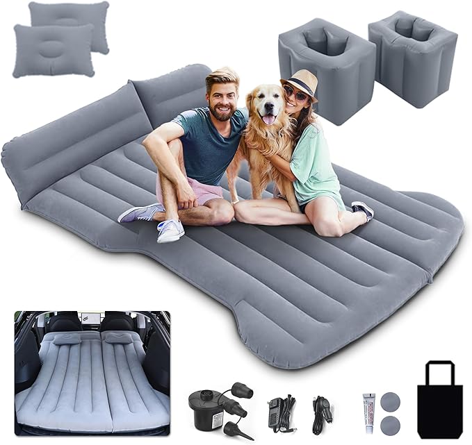 Car Air Mattress Inflatable Bed Compatible with Tesla Model Y Thickened Flocking Camping Air Bed with Air Pump 2 Pillows 2 Piers Car Sleeping Pad for Tent Outdoor and Travel