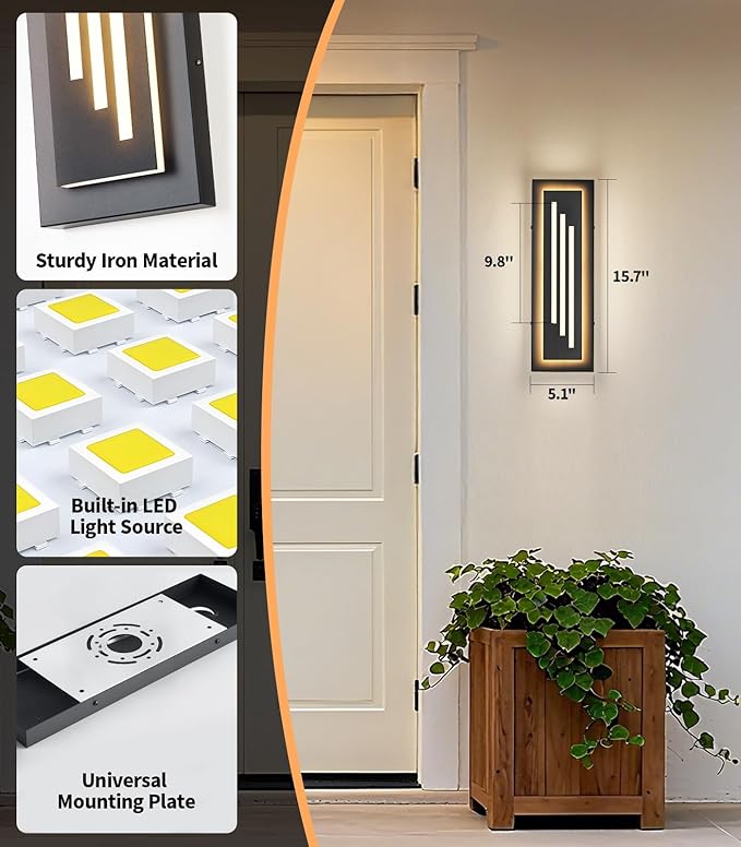 tewei 15.7'' Outdoor Wall Lights Modern Black LED Outdoor Wall Sconce Large Long Exterior Lighting Fixtures 3000K Waterproof Front Porch Lights Outside Lights for House Garage Indoor 2 Pack
