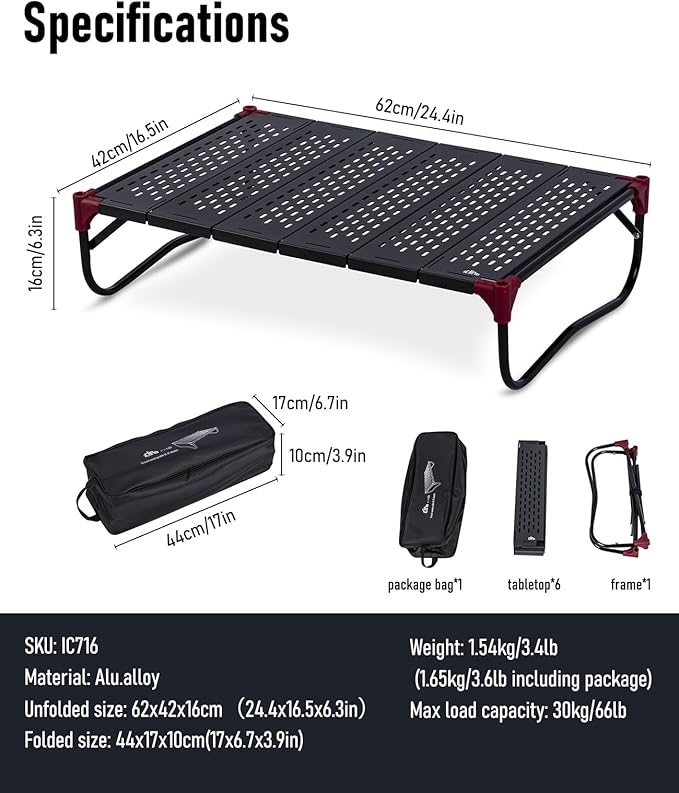 iClimb Extendable Folding Table Large Tabletop Area Ultralight Compact with Hollow Out Tabletop and Carry Bag for Camping Backpacking Beach Concert BBQ Party Three Size (Black - XL Low)