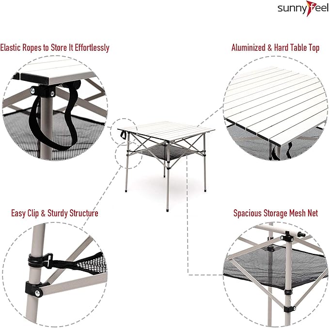 SUNNYFEEL Aluminum Folding Table for Camping Lightweight Roll Up Top Portable Camp Tables with Carry Bag for Outdoor Picnic (Square Gray)