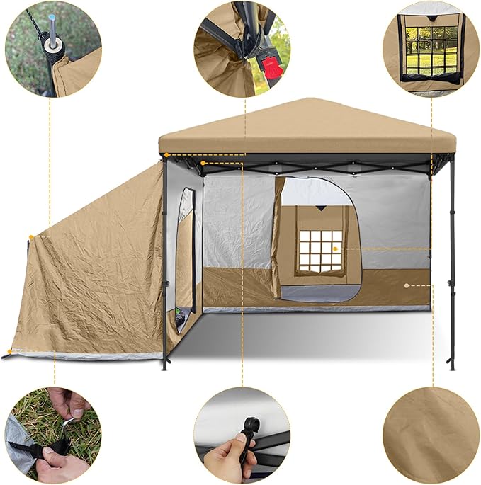 KAMPKEEPER Side TentCamping Tent for 10' x 10' Pop Up Canopy Easy Set Up GazeboCompatible with 10' Wide Canopy Tents (Khaki)