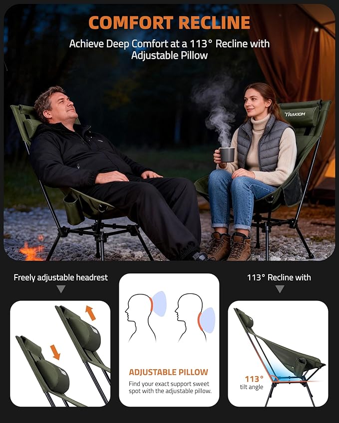 High Back Portable Compact Camping Chair Lightweight Green Folding Chair with Head Support &amp Widened Seat Adjustable Head Support for Beach Camping Festival Hiking and Outdoor Travel