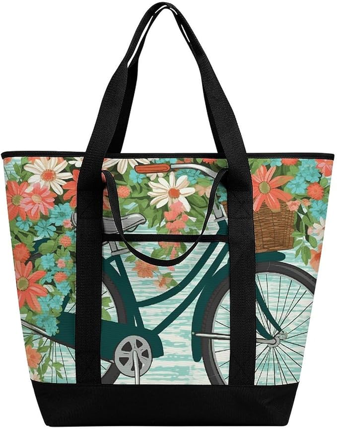 Insulated Shopping BagLarge Reusable Cooler Bags Bicycle with Flower Printed Foldable Shopping BagTravel Waterproof Shoulder Bag
