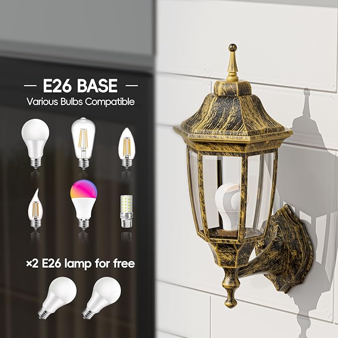 EMART Outdoor Front Porch Light Exterior Anti-Corrosion Waterproof Aluminum &amp Glass Shades Wall Lamp Fixture Modern Sconce Lantern for Outside House Garage - 2 Pack Gold （Bulb Included）