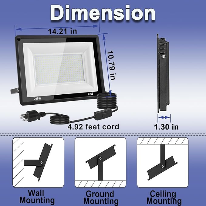 2-Pack 200W LED Flood Light Outdoor 20000LM Bright Plug-in Flood Lights with Switch IP66 Waterproof Exterior Security Lights LED Work Light for Garage Yard Garden Playground Stadium Arena