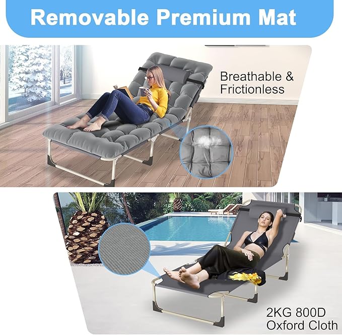 Leo IRis Portable Folding Camping Cot Oversize Adjustable 5-Position Adults Reclining Lounge Chairs with Pillow Heavy Duty Oxford Cloth 600D with Mattress (Gray - Upgrade Bed (with Mat))