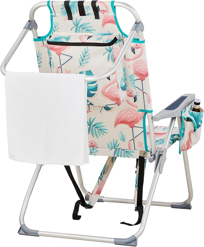 Folding Backpack Beach Chairs Portable 5-Position Aluminum High Beach Chairs for Adults with Storage Pouch Towel Bar (Flamingo)