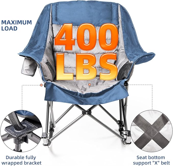 Oversized Rocking Camping Chair for Adults - Heavy-Duty 400lbs Capacity Portable Folding Camp Chair with Side Pocket Fully Padded Outdoor Rocking Chair for Camping (Light Blue &amp Gray)