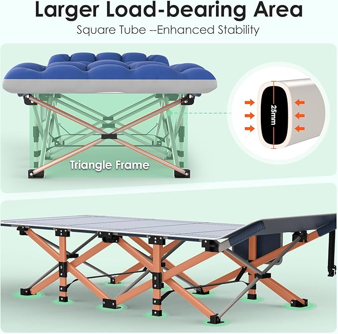 Suteck Camping Cot Folding Camping Cot Bed for Adults Sleeping 1200D Double Layer Oxford Portable Folding Outdoor Cots for Camping W/Soft Pad Carry Bag for Home Office Nap Beach Travel 500LBSBlue