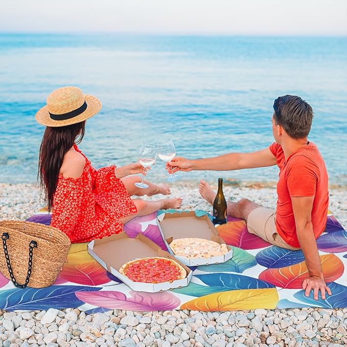 Waterproof Sandproof Beach Blanket 59''×68'' Tropical Leaves Polyester Outdoor Picnic Blanket with 4 Stakes &amp Storage Bag for BeachCampingVacation Colored
