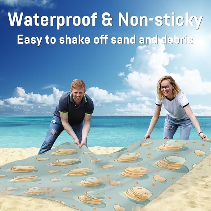 Waterproof Sandproof Beach Blanket 59''×68'' Food Biscuits Polyester Outdoor Picnic Blanket with 4 Stakes &amp Storage Bag for BeachCampingVacation Light Green