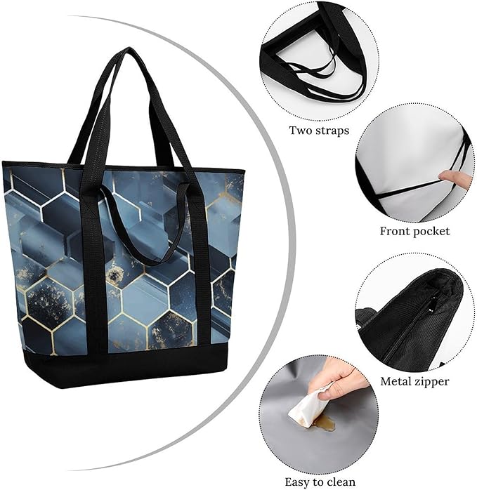 Insulated Shopping BagLarge Reusable Cooler Bags Blue Hexagons And Diamonds Printed Foldable Shopping BagTravel Waterproof Shoulder Bag