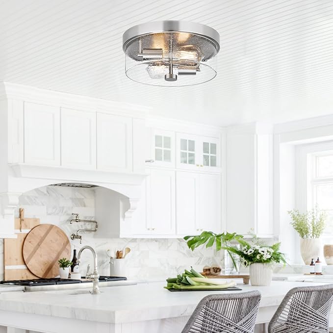Flush Mount Ceiling Light Fixtures 2-Light 12 Inch Brushed Nickel Close to Ceiling Light Fixtures with Seeded Glass Shade Ceiling Light Fixture for Porch Hallway Bathroom Dining Room and Foyer
