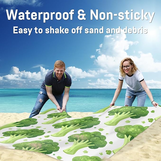 Waterproof Sandproof Beach Blanket 59''×68'' Vegetables Polyester Outdoor Picnic Blanket with 4 Stakes &amp Storage Bag for BeachCampingVacation Broccoli