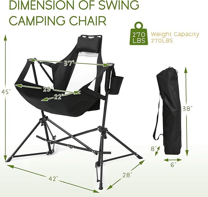 Hammock Folding Camping Chair - Outdoor Portable Swing Camp Chairs with Stand Adults Rocking Swinging Chair for Beach Lawn Patio (Black)