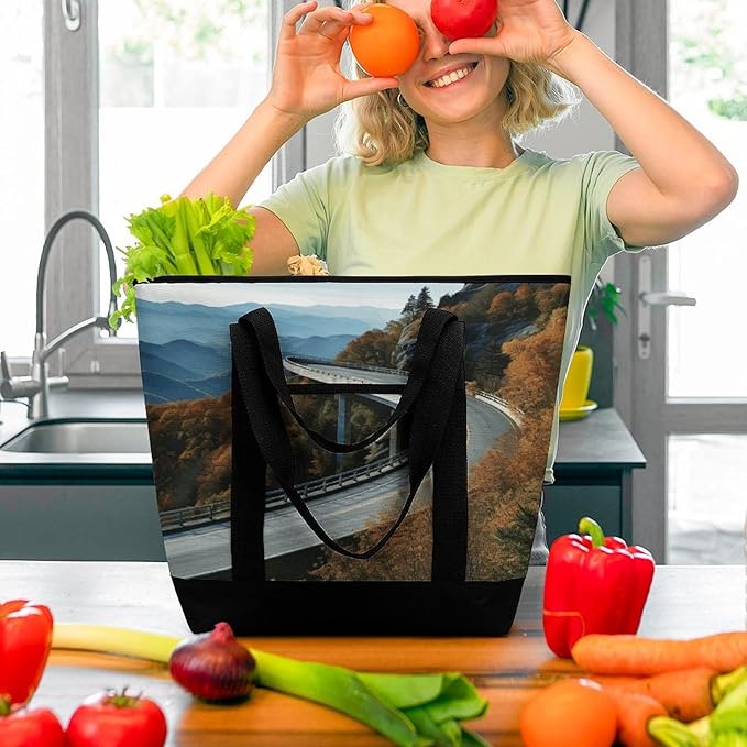 Insulated Shopping BagLarge Reusable Cooler Bags Blue Ridge Parkway Road Bridge Printed Foldable Shopping BagTravel Waterproof Shoulder Bag
