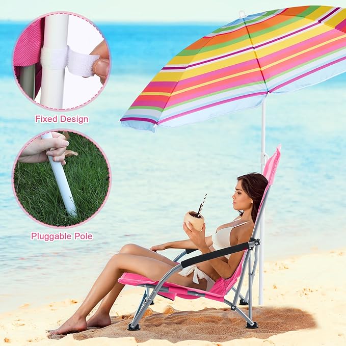 Huwena 2 Pack Beach Chair for Adult with 2 Umbrella Low Folding Chair Detachable Adjustable Lightweight with Armrests Cup Holder Carry Bag Portable for Sand Camping Travel Outdoor Pool(Rose Red)