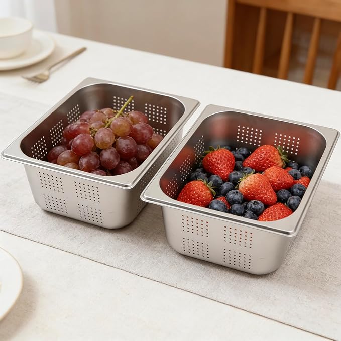 2 Pcs 8L Filtering Pans 6in Deep Anti-Jam Perforated Pan Stainless Steel Steam Pan Filter Basket 1/2 Vegetable Fruit Wash Basin Food Pan Chafing for Hotel Catering Kitchen Restaurant