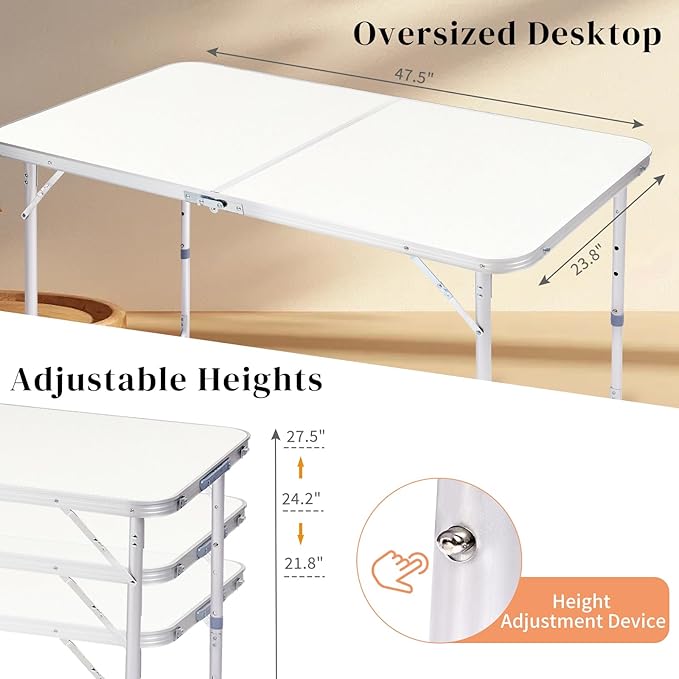 Portable Camping Table with Carrying HandleOutdoor Folding TableFolding Dining Tablefor Camping and Party (White 4ft)