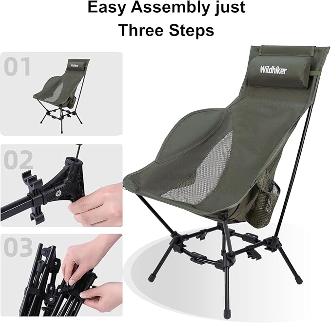 Wildhiker Compact High Back Camping Chair - Foldable with Dual Sitting Modes Pillow Arm Pads and Side Pockets - Lightweight Portable Chair for Motorcycle RV Festival Travel - Green