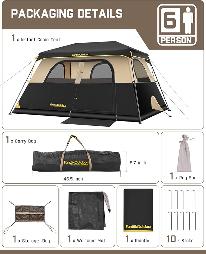 FanttikOutdoor Instant Cabin Tent 6/8/10/12 Person Camping Tent Setup in 60 Seconds with Rainfly &amp Windproof Portable with Carry Bag for Family Camping &amp Hiking Upgraded Ventilation Khaki