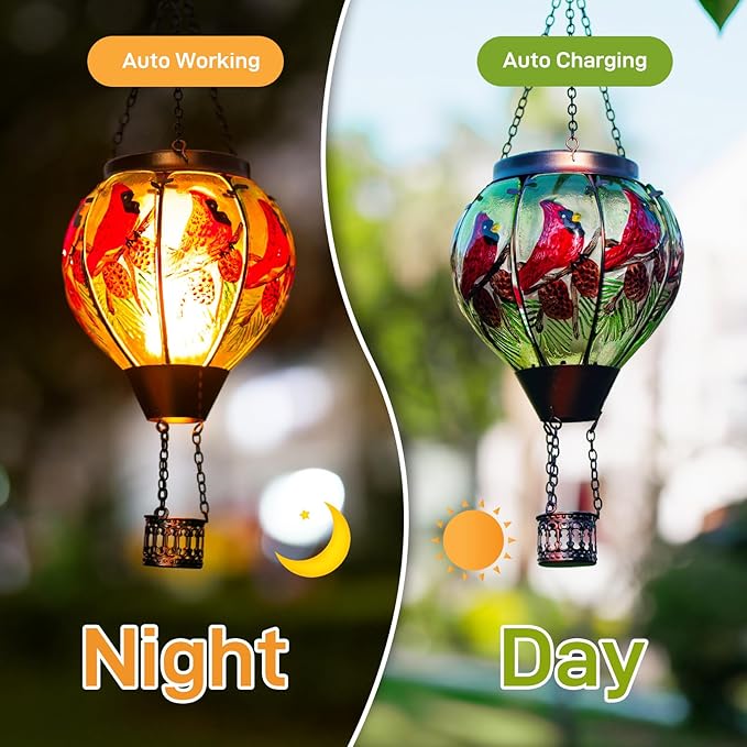 Cardinal Solar Hot Air Balloon Lantern with Flame Glass Balloon Solar Lantern Outdoor Waterproof Hanging Hot Air Balloon Solar Light Cardinal Gifts for Mom Woman Christmas