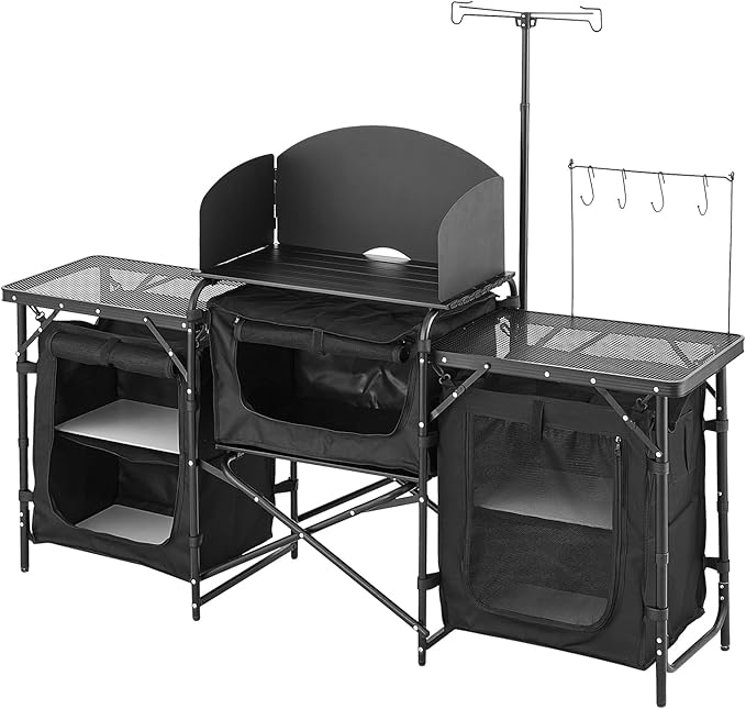 VEVOR Camping Kitchen Table Outdoor Camp Cooking Table Aluminum Portable Cook Station with 3 Storage Cupboard Carrying Bag Detachable Windscreen Quick Set-up for BBQ Party Picnic RV Travel Black