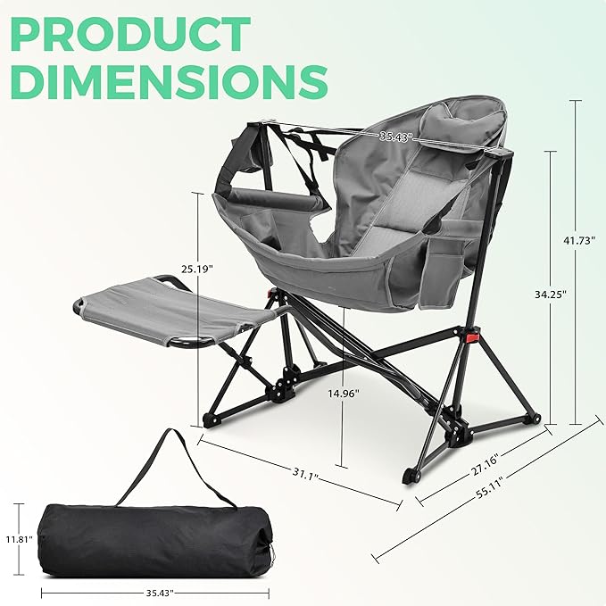Ainfox Hammock Camping Chair with Footrest Heavy Duty Foldable Portable Rocking Hammock Chairs Outside Swinging Camp with Cup Holder Pillow for Outdoor Patio Poolside Grey 2 Pack