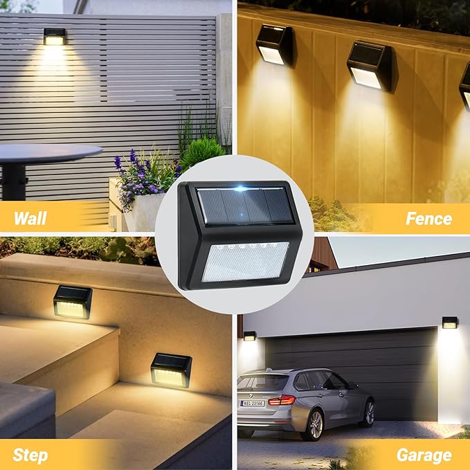 Bright Solar Fence Lights 12 Pack Outdoor Step Lights IP65 Waterproof 3000K Warm-White Dusk to Dawn Outdoor Lighting with 6 LED for Wall Garage Patio Exterior Porch